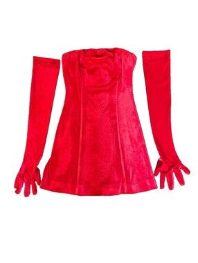 Miscreants London Red Velvet Strapless Mini Dress w/ Opera Gloves Size 6